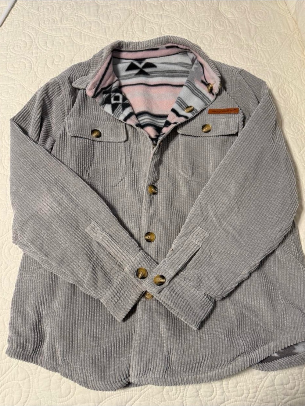 Simply Southern Light Gray Corduroy Shirt Jacket with Pink Patterned Lining